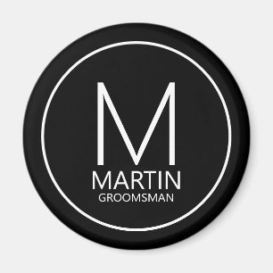 Aimant Noir Moderne Personnalisé Monogramme&Nom Groomsmen