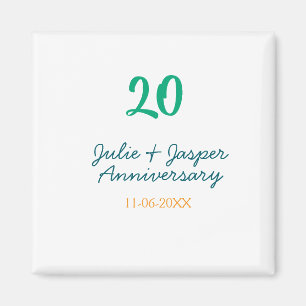 Aimant nom date anniversaire 20 ans bleu vert orange 