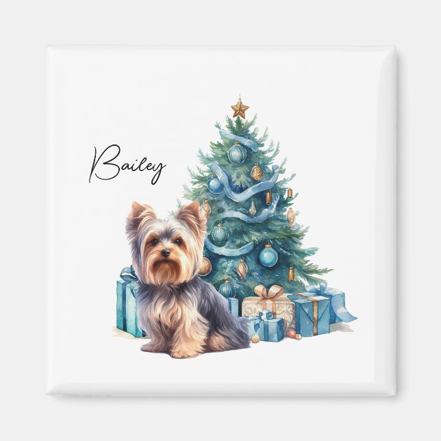 Aimant Nom de chien personnalisé Yorkie avec arbre de Noë (Devant)