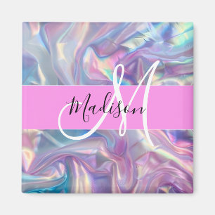Aimant Nom de monogramme holographique iridescent rose fé