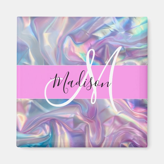 Aimant Nom de monogramme holographique iridescent rose fé (Devant)