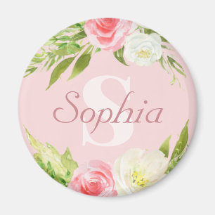 Aimant Nom du monogramme Aquarelle rose Floral
