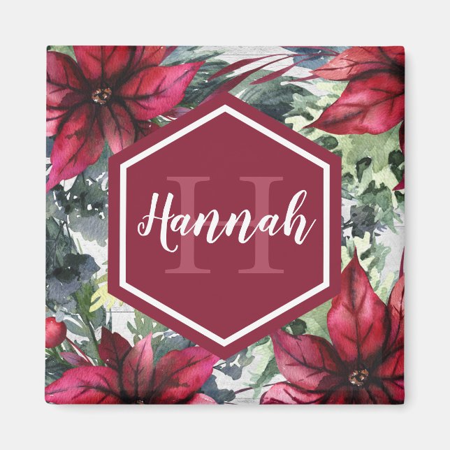 Aimant Nom du monogramme personnalisé Poinsettia rouge (Devant)