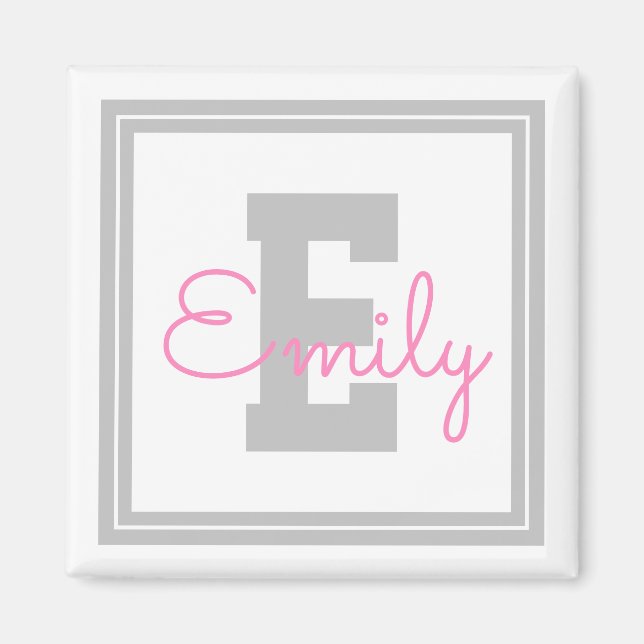 Aimant Nom et monogramme encadrés | Gris clair et rose (Devant)