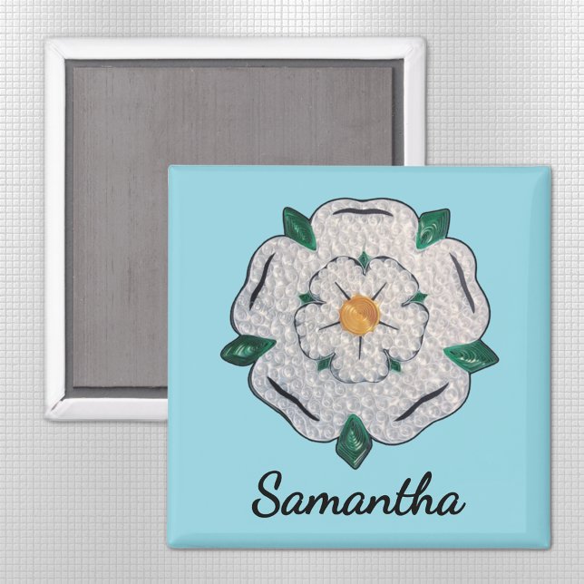 Aimant Nom, Papier Quilled Yorkshire Rose blanche 2 en bl (Créateur téléchargé)