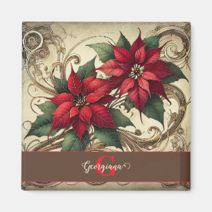 Aimant Nom personnalisé Art Nouveau Noël Poinsettia