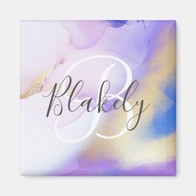 Aimant Nom personnalisé Monogram Purple Aquarelle Luxe (Devant)