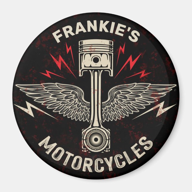 Aimant Nom personnalisé Motorcycle Piston Wings Biker Gar (Devant)