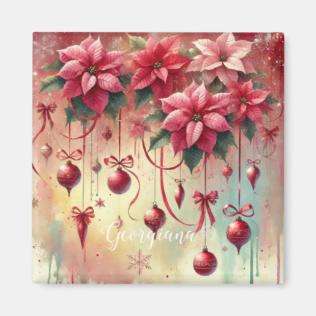 Aimant Nom personnalisé Whimsica Poinsettia Baubles de No (Devant)