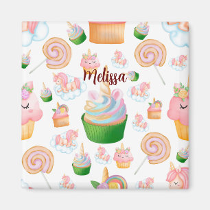 Aimant Nom rose coloré Personnalisé Cupcake Unicorn