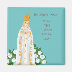 Aimant Notre-Dame de Fatima et roses blanches