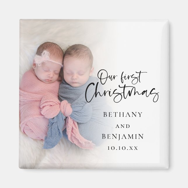 Aimant Notre premier Noël Baby Twins Photo Noms Année (Devant)