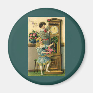 Aimant Nouvel An vintage Eve Victorian Children and Clock