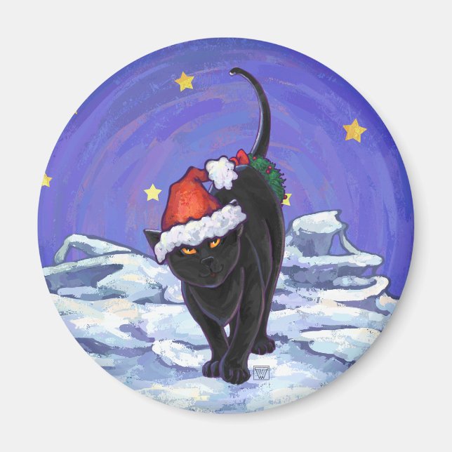 Aimant Nuit étoile Noir Chat Noël (Devant)