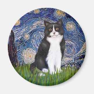 Aimant Nuit étoilée - Chat noir et blanc
