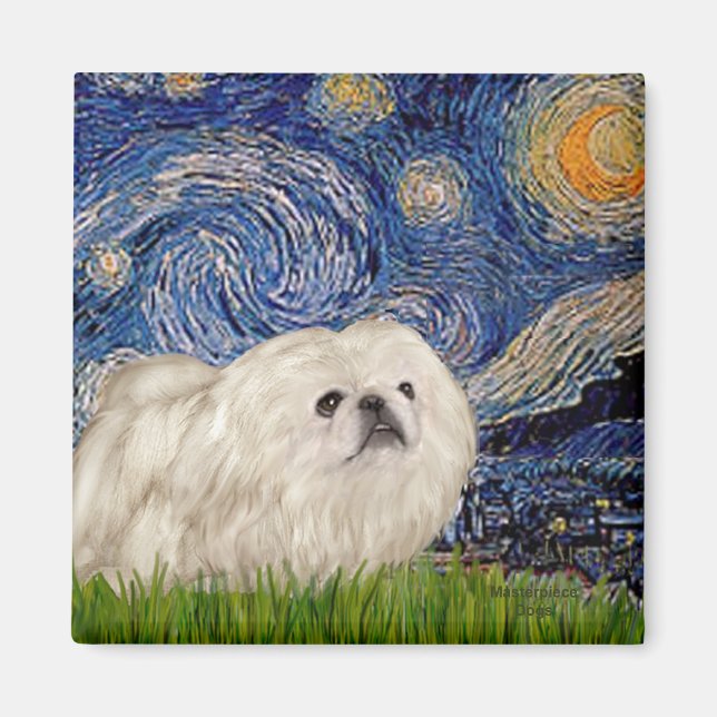 Aimant Nuit étoilée - Pekingese blanc 4 (Devant)