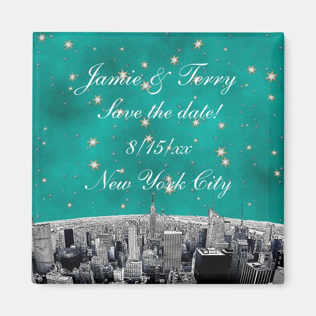 Aimant NYC Skyline 2 Turquoise Gold Star Date de sauvegar (Devant)