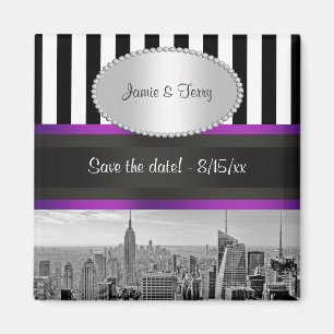 Aimant NYC Skyline BW Blk Wht Strp Purple P Date de sauve