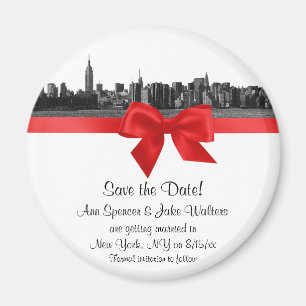 Aimant NYC Wide Skyline Etched BW Red Enregistrer la date