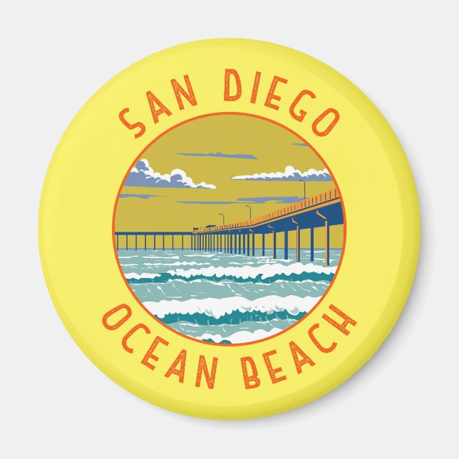 Aimant Ocean Beach San Diego Travel Art Vintage (Devant)