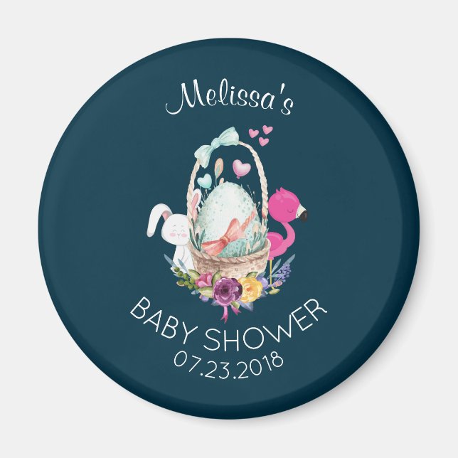 Aimant Oeuf mignon, Flamant rose et lapin, Baby shower (Devant)
