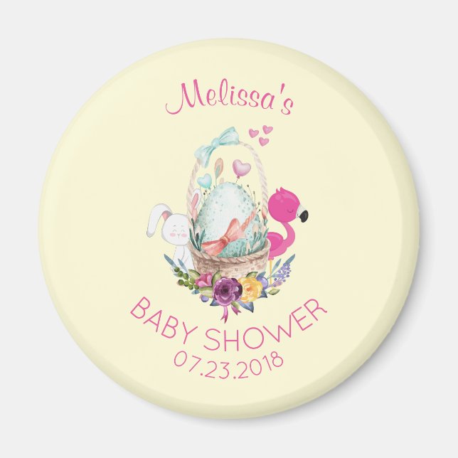 Aimant Oeuf mignon, Flamant rose rose & lapin, Baby showe (Devant)