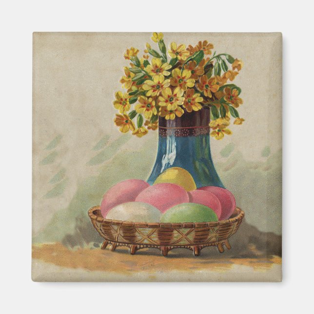 Aimant Oeufs Pâques Panier Fleurs Antique (Devant)