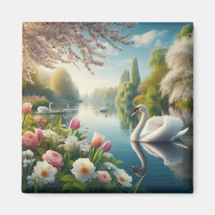 Aimant OEuvre d'art printanière du lac des cygnes floraux