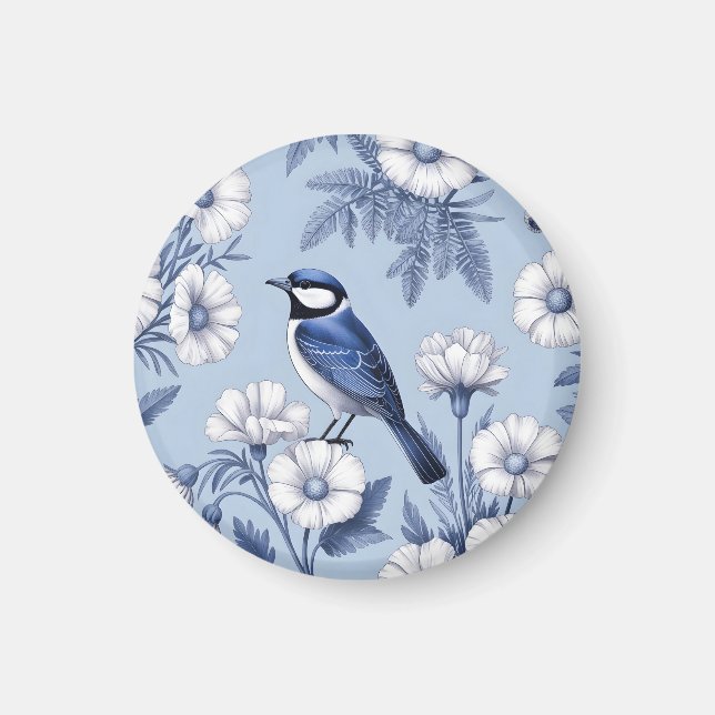 Aimant Oiseau Bleu Élégant et Motif Floral Blanc (Devant)