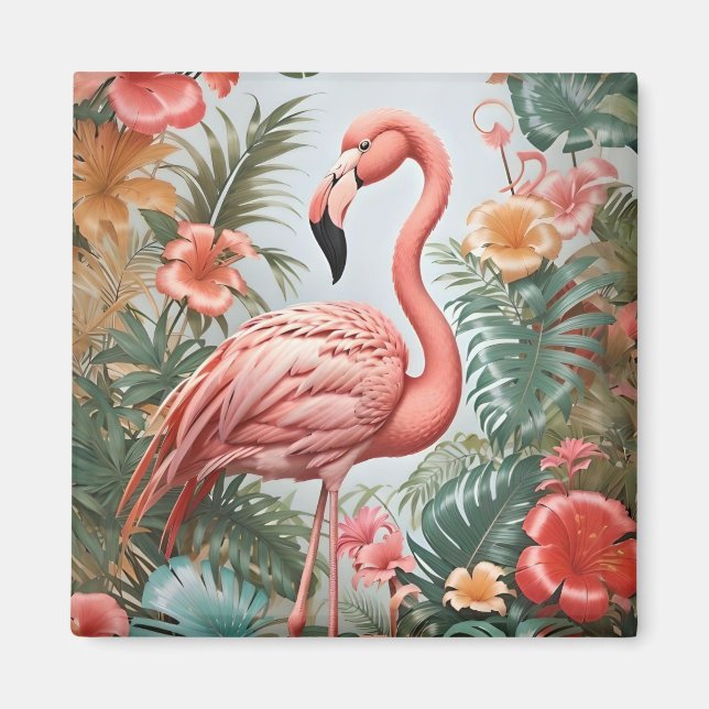 Aimant Oiseau de Flamant rose rose élégant et fleurs trop (Devant)