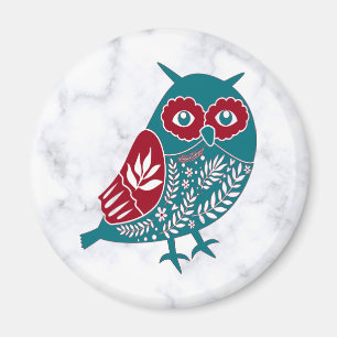 Aimant Oiseau Vintage bleu et rouge Chouette nordique