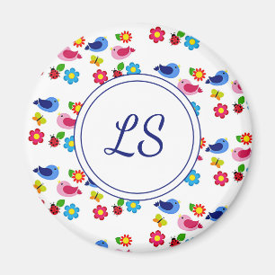 Aimant Oiseaux et fleurs printemps motif blanc