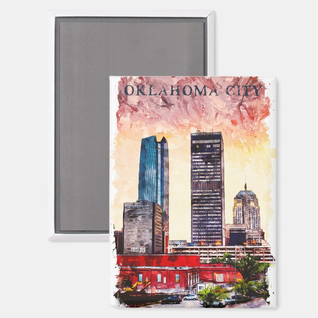 Aimant Oklahoma City Aquarelle Ville Silhouette Peinture (Recto/Verso)