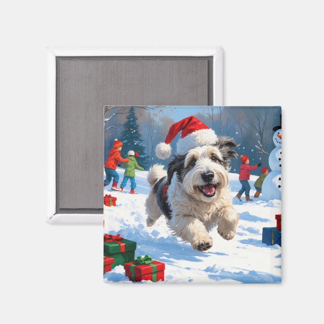 Aimant Old English Sheepdog Running in Snow Christmas Cas (Recto/Verso)