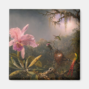 Aimant Orchidée de Cattleya et trois colibris (Heade)