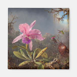 Aimant Orchidée de Cattleya et trois colibris par Heade