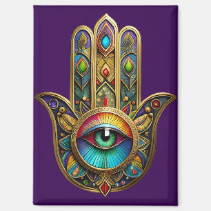 Aimant Orné Hamsa Coloré Or Sur Fond Rouge Troisième Œil 