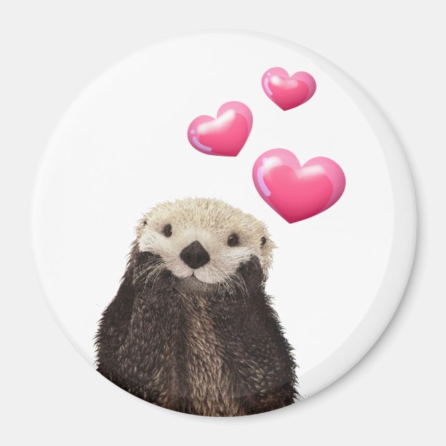 Aimant Otter mignonne avec Coeurs d'Amour Rose (Devant)