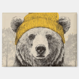 Aimant Ours en bonnet jaune Animaux de la forêt rustique 