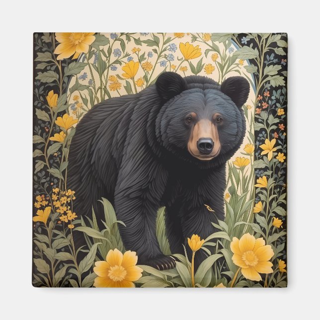 Aimant Ours Noir Et Fleurs De Beurre Jaune (Devant)