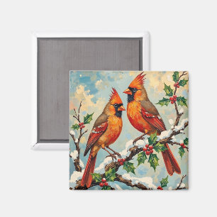 Aimant Paire de cardinaux vintage sur branche de houx enn