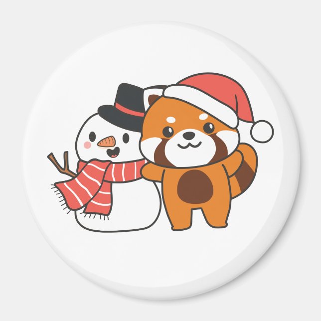 Aimant Panda Rouge Avec Snowman En Hiver Pour Noël Mag (Devant)