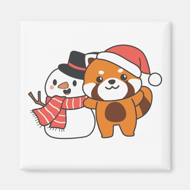 Aimant Panda Rouge Avec Snowman En Hiver Pour Noël Mag (Devant)