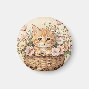 Aimant Panier de fleurs avec un adorable chaton roux