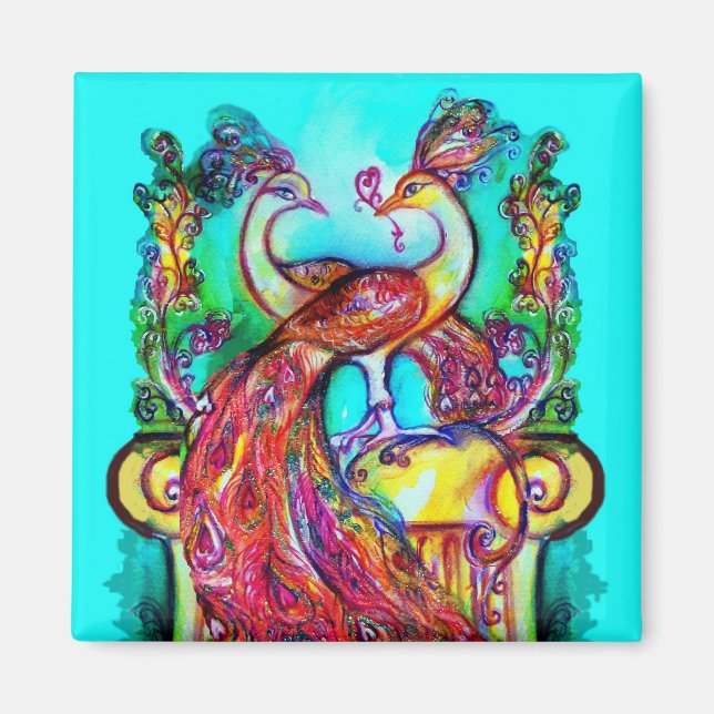 Aimant PAONS AMOUREUX  MONOGRAMME rouge bleu turquoise ve (Devant)