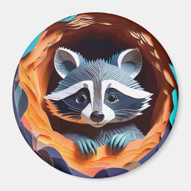 Aimant Papier Art Baby Raccoon dans l'arbre 3D (Devant)