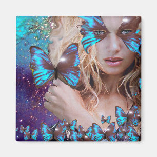 AIMANT PAPILLON BLEU DANS DES ÉTOINCELLES DE TEAL VERT OR