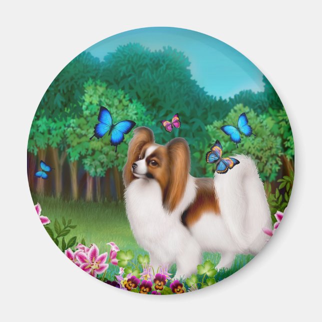 Aimant Papillon Chien dans l'aimant rond du jardin (Devant)