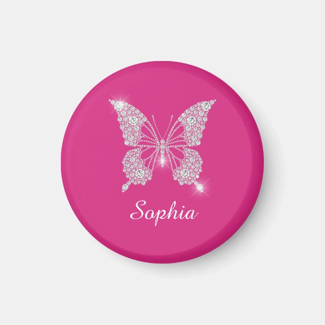 Aimant Papillon Diamant Blanc, Nom de Script, Fuchsia (Devant)