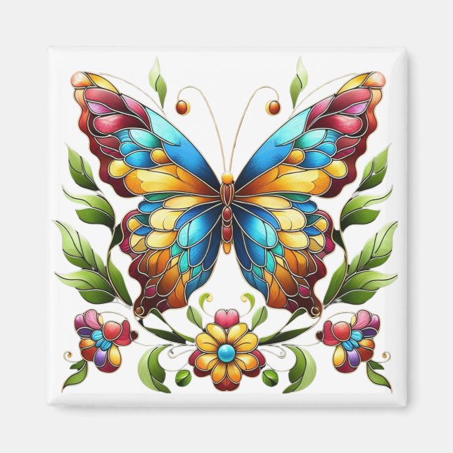Aimant Papillon en vitrail coloré avec fleurs (Devant)